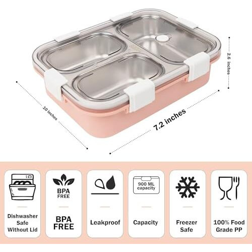 Brand Conquer Lunch Box 3 Compartment Leak-Proof Bpa Free Stainless Steel For School, Lunch Box For School & Office With A Fork, A Spoon And A Pair Of Chopsticks (3 Compartment, Pink), 900Ml