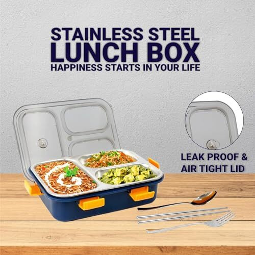 Brand Conquer Lunch Box 3 Compartment Leak-Proof Bpa Free Stainless Steel For School, Lunch Box For School & Office With A Fork, A Spoon And A Pair Of Chopsticks (3 Compartment, Blue)