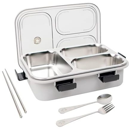 Brand Conquer Lunch Box 3 Compartment Leak-Proof Bpa Free Stainless Steel For School, Lunch Box For School & Office With A Fork, A Spoon And A Pair Of Chopsticks (3 Compartment, Grey), 900Ml