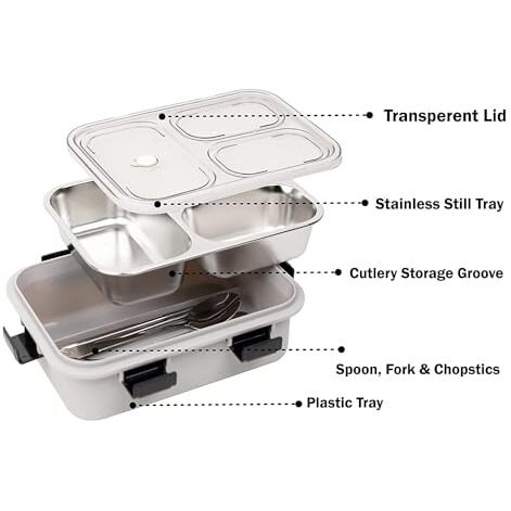 Brand Conquer Lunch Box 3 Compartment Leak-Proof Bpa Free Stainless Steel For School, Lunch Box For School & Office With A Fork, A Spoon And A Pair Of Chopsticks (3 Compartment, Grey), 900Ml