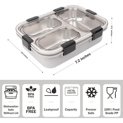 Brand Conquer Lunch Box 3 Compartment Leak-Proof Bpa Free Stainless Steel For School, Lunch Box For School & Office With A Fork, A Spoon And A Pair Of Chopsticks (3 Compartment, Grey), 900Ml