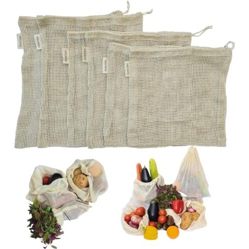 Necavu 100% Cotton Set Of 6 Fridge Drawstring Bags | Eco-Friendly Natural Vegetables Storage Mesh Net For Fridge | Multi-Purpose Cotton Mesh Bag (Natural)