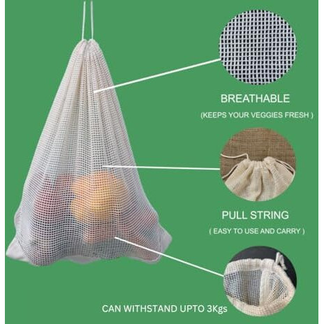 Necavu 100% Cotton Set Of 6 Fridge Drawstring Bags | Eco-Friendly Natural Vegetables Storage Mesh Net For Fridge | Multi-Purpose Cotton Mesh Bag (Natural)