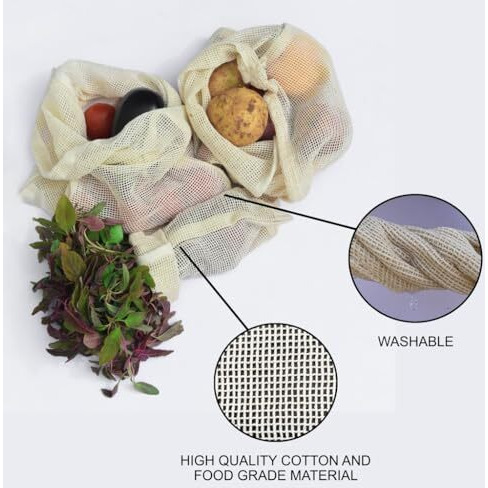 Necavu 100% Cotton Set Of 6 Fridge Drawstring Bags | Eco-Friendly Natural Vegetables Storage Mesh Net For Fridge | Multi-Purpose Cotton Mesh Bag (Natural)