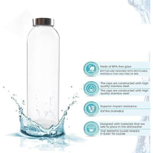 Brezzycloud Glass Fridge Water Bottle With Steel Cap | Leak Proof & Detox Water Bottle Glass | Wide Mouth & Easy To Clean | Best Usage For Office/School/College | Set Of 4, 800Ml
