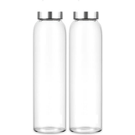 Brezzycloud Glass Fridge Water Bottle With Steel Cap | Leak Proof & Detox Water Bottle Glass | Wide Mouth & Easy To Clean | Best Usage For Office/School/College | Set Of 2, 800Ml | Clear
