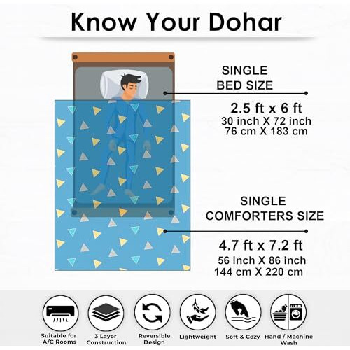 Story@Home Single Bed Dohar | 100% Pure Cotton Blanket | 150Gsm | 144 X 220Cm | Single Bed Quilt | Ac Comforter Single Bed | Blue & Yellow, Geometric Pattern Duvet | Ideal For Gifting