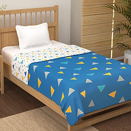 Story@Home Single Bed Dohar | 100% Pure Cotton Blanket | 150Gsm | 144 X 220Cm | Single Bed Quilt | Ac Comforter Single Bed | Blue & Yellow, Geometric Pattern Duvet | Ideal For Gifting