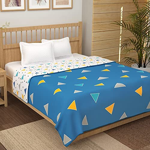 Story@Home Dohar Blanket Double Bed | 100% Cotton Blanket | 150Gsm Quilt | 225 X240 Cm Reversible | Soft & Cozy Ac Comforter Double Bed | Blue & Yellow | Geometric Design Duvet | Ideal For Gifting