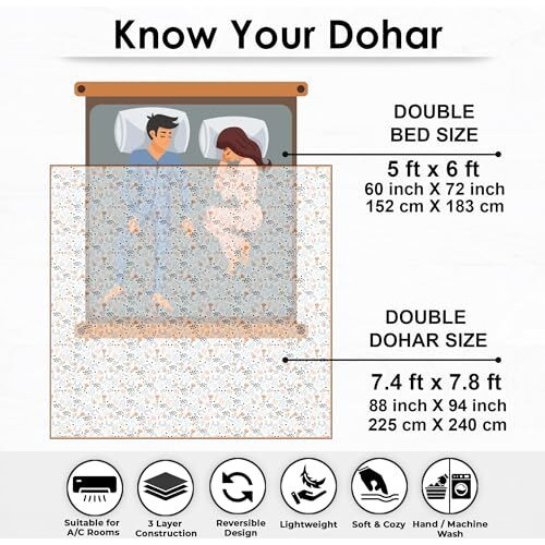 Story@Home Dohar Double Bed Cotton 100% | 150Gsm Quilt Blanket For Summer | 225 X240 Cm Reversible And Cozy Ac Comforter Double Bed | Grey & Yellow | Floral Design Duvet | Ideal For Gifting