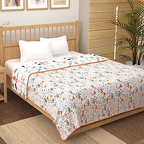 Story@Home Dohar Double Bed Cotton 100% | 150Gsm Quilt Blanket For Summer | 225 X240 Cm Reversible And Cozy Ac Comforter Double Bed | Grey & Yellow | Floral Design Duvet | Ideal For Gifting