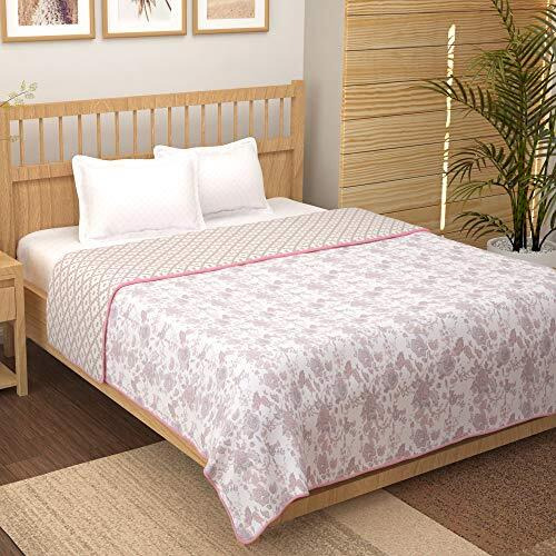 Story@Home Dohar Double Bed Cotton 100% | 150Gsm Quilt Blanket For Summer | 225 X240 Cm Reversible And Cozy Ac Comforter Double Bed | Baby Pink & White | Floral Design Duvet | Ideal For Gifting