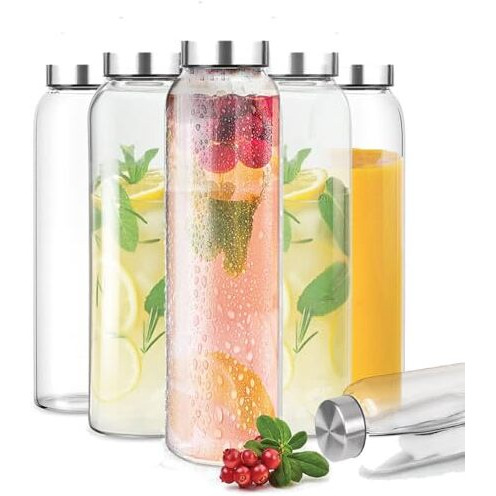 Brezzycloud Glass Fridge Water Bottle With Steel Cap | Leak Proof & Detox Water Bottle Glass | Wide Mouth & Easy To Clean | Best Usage For Office/School/College | Set Of 6, 800Ml | Clear