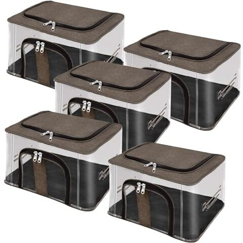 Storite 5 Pack Nylon 33 L Pvc Transparent Moisture Proof Storage Box For Clothes Closet Wardrobe Organizer For Clothes Saree Bags With Carry Handle - (Brown, 44 X 31 X 24 Cm)