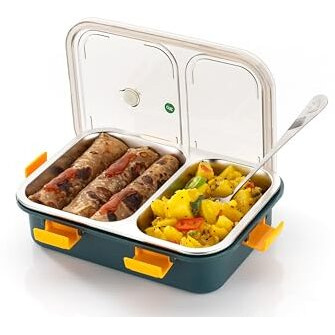 Brand Conquer Lunch Box Sealed Leakage Proof Stainless Steel Lunch Box With Fork,Chopstick & Spoon Lid Office Food Container 2 Compartment For School Kids And Adults, 750Ml (2 Compartment, Green)