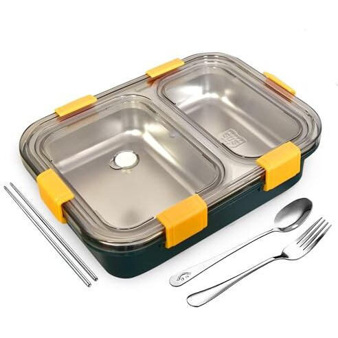 Brand Conquer Lunch Box Sealed Leakage Proof Stainless Steel Lunch Box With Fork,Chopstick & Spoon Lid Office Food Container 2 Compartment For School Kids And Adults, 750Ml (2 Compartment, Green)