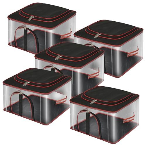 Storite 5 Pack Nylon 33 L Pvc Transparent Clothes Storage Bags/Saree Covers With Zip For Storage Specially Design For Woman Dresses,Sarees,Lehngas For Wardrobe Organizer(Redblack, 45 X30X26 Cm)