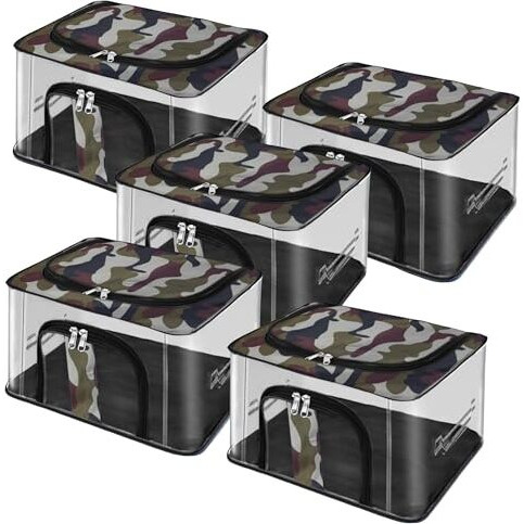 Storite 5 Pack Nylon 33 L Military Print Transparent Moisture Proof Storage Box For Clothes Closet Wardrobe Organizer For Clothes Saree Bags With Carry Handle - (44 X 31 X 24 Cm)