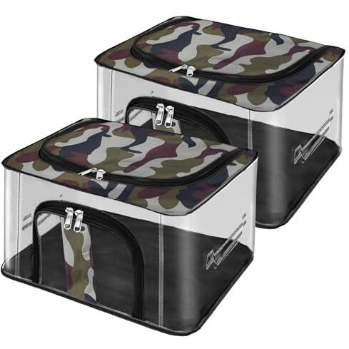 Storite 2 Pack Nylon 33 L Military Print Transparent Moisture Proof Storage Box For Clothes Closet Wardrobe Organizer For Clothes Saree Bags With Carry Handle - (44 X 31 X 24 Cm)
