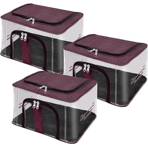 Storite 3 Pack Nylon 33 L Pvc Transparent Moisture Proof Storage Box For Clothes Closet Wardrobe Organizer For Clothes Saree Bags With Carry Handle - (Vivid Red, 44 X 31 X 24 Cm)