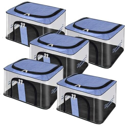 Storite 5 Pack Nylon 33 L Pvc Transparent Clothes Storage Bags/Saree Covers With Zip For Storage Specially Design For Woman Dresses,Sarees,Lehngas For Wardrobe Organizer(Skyblue, 44 X31X24 Cm)