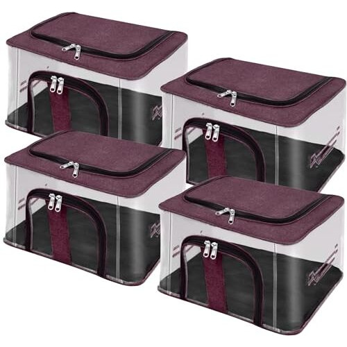Storite 4 Pack Nylon 33 L Pvc Transparent Moisture Proof Storage Box For Clothes Closet Wardrobe Organizer For Clothes Saree Bags With Carry Handle - (Vivid Red, 44 X 31 X 24 Cm)