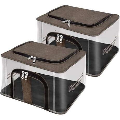 Storite 2 Pack Nylon 33 L Pvc Transparent Moisture Proof Storage Box For Clothes Closet Wardrobe Organizer For Clothes Saree Bags With Carry Handle - (Brown, 44 X 31 X 24 Cm)