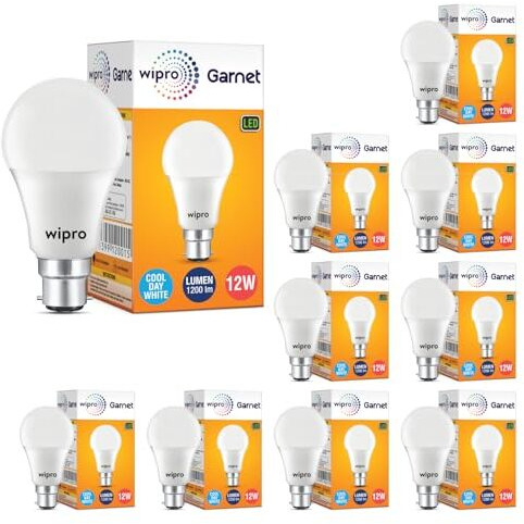 Wipro Garnet 12W Led Bulb For Home & Office |Cool Day White (6500K) | B22 Base|220 Degree Light Coverage |4Kv Surge Protection |400V High Voltage Protection |Energy Efficient | Pack Of 10