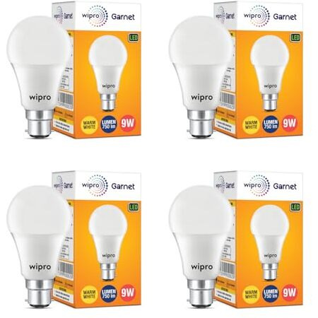Wipro Garnet 9W Led Bulb For Home & Office |Warm White (2700K) | B22 Base|220 Degree Light Coverage |4Kv Surge Protection |400V High Voltage Protection |Energy Efficient | Pack Of 4