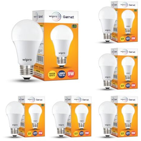 Wipro Garnet 9W Led Bulb For Home & Office |Warm White (2700K) | E27 Base|220 Degree Light Coverage |4Kv Surge Protection |400V High Voltage Protection |Energy Efficient | Pack Of 6