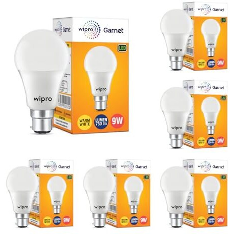Wipro Garnet 9W Led Bulb For Home & Office |Warm White (2700K) | B22 Base|220 Degree Light Coverage |4Kv Surge Protection |400V High Voltage Protection |Energy Efficient | Pack Of 6