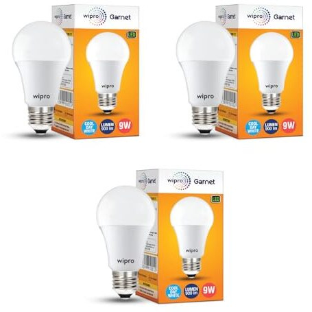 Wipro Garnet Base E27 9-Watt Led Bulb (Pack Of 3, Cool Day Light)