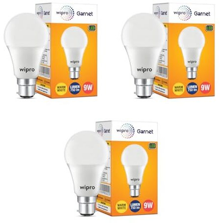 Wipro Polycarbonate Garnet Base B22 9 Watt Led Bulb (Warm White) - Pack Of 3