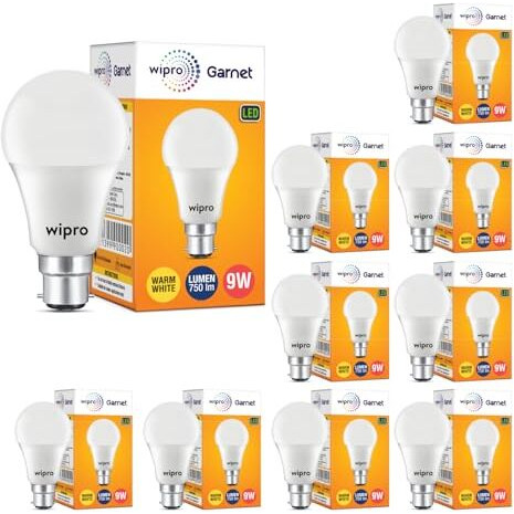 Wipro Garnet 9W Led Bulb For Home & Office |Warm White (2700K) | B22 Base|220 Degree Light Coverage |4Kv Surge Protection |400V High Voltage Protection |Energy Efficient | Pack Of 10
