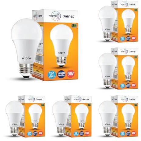 Wipro Garnet 9W Led Bulb For Home & Office |Cool Day White (6500K) | E27 Base|220 Degree Light Coverage |4Kv Surge Protection |400V High Voltage Protection |Energy Efficient | Pack Of 6