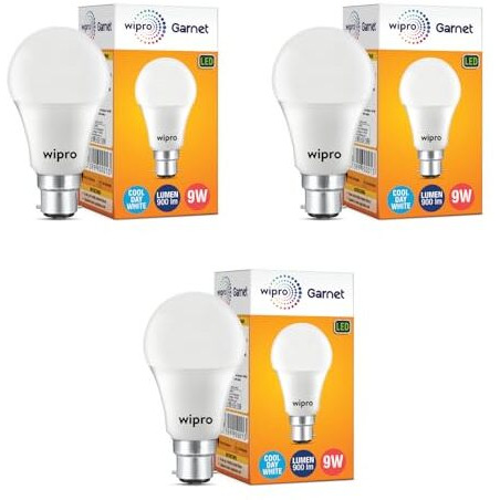 Wipro Garnet 9W Led Bulb For Home & Office |Cool Day White (6500K) | B22 Base|220 Degree Light Coverage |4Kv Surge Protection |400V High Voltage Protection |Energy Efficient | Pack Of 3