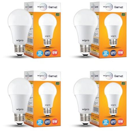 Wipro Garnet 9W Led Bulb For Home & Office |Cool Day White (6500K) | E27 Base|220 Degree Light Coverage |4Kv Surge Protection |400V High Voltage Protection |Energy Efficient | Pack Of 4