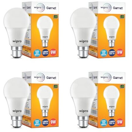 Wipro Garnet 9W Led Bulb For Home & Office |Cool Day White (6500K) | B22 Base|220 Degree Light Coverage |4Kv Surge Protection |400V High Voltage Protection |Energy Efficient | Pack Of 4