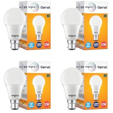 Wipro Garnet 12W Led Bulb For Home & Office |Cool Day White (6500K) | B22 Base|220 Degree Light Coverage |4Kv Surge Protection |400V High Voltage Protection |Energy Efficient | Pack Of 4
