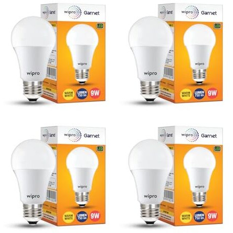 Wipro Polycarbonate Garnet Base E27 9-Watt Led Bulb (Warm White) -Pack Of 4
