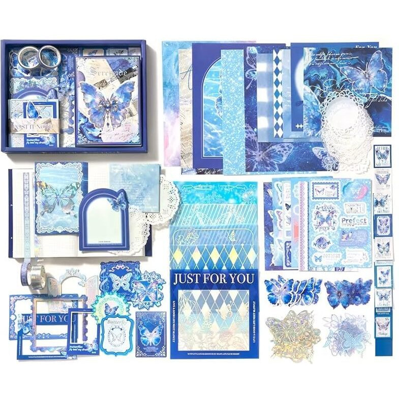 Vibevista Vintage Aesthetic Scrapbook Kit, 346 Pcs, A6 Grid Notebook, Washi , Envelopes, Scrapbook Papers, Folding Labels, Background Papers, Photo Frames, Calendar Stickers, Stickers (Blue Butterfly)