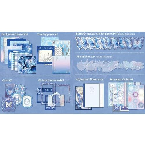 Vibevista Vintage Aesthetic Scrapbook Kit, 346 Pcs, A6 Grid Notebook, Washi , Envelopes, Scrapbook Papers, Folding Labels, Background Papers, Photo Frames, Calendar Stickers, Stickers (Blue Butterfly)