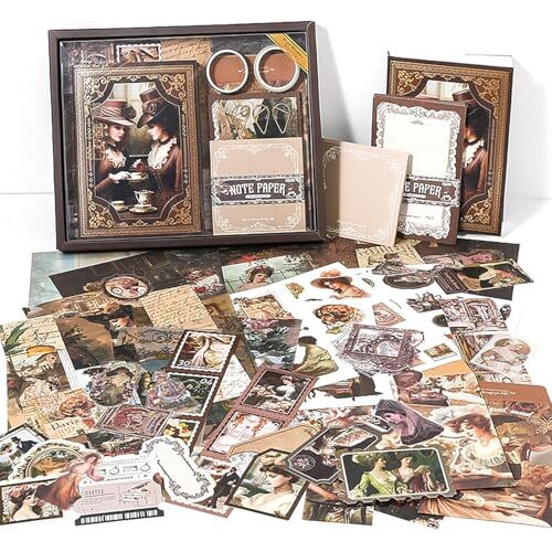 Vibevista Vintage Aesthetic Scrapbook Kit, 346 Pcs, A6 Grid Notebook, Washi , Envelopes, Scrapbook Papers, Folding Labels, Background Papers, Photo Frames, Calendar Stickers, Stickers (Vitorian Brown)