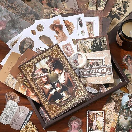 Vibevista Vintage Aesthetic Scrapbook Kit, 346 Pcs, A6 Grid Notebook, Washi , Envelopes, Scrapbook Papers, Folding Labels, Background Papers, Photo Frames, Calendar Stickers, Stickers (Vitorian Brown)