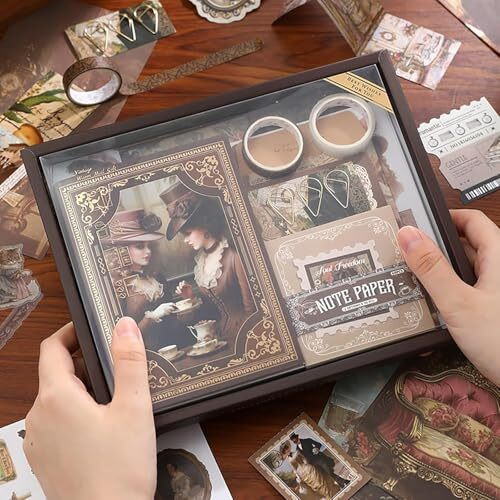 Vibevista Vintage Aesthetic Scrapbook Kit, 346 Pcs, A6 Grid Notebook, Washi , Envelopes, Scrapbook Papers, Folding Labels, Background Papers, Photo Frames, Calendar Stickers, Stickers (Vitorian Brown)
