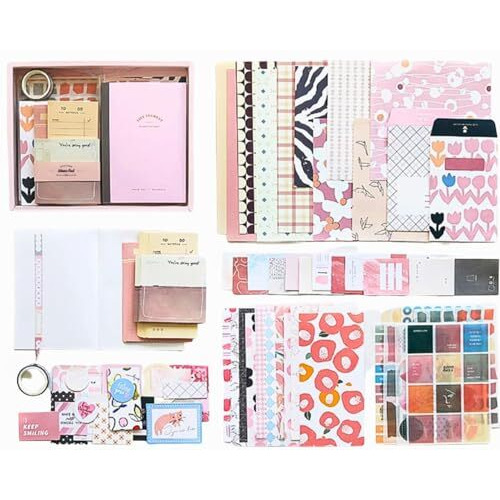 Vibevista Vintage Aesthetic Scrapbook Kit, 346 Pcs, A6 Grid Notebook, Washi , Envelopes, Scrapbook Papers, Folding Labels, Background Papers, Photo Frames, Calendar Stickers, Stickers (Warm Greetings, Pink)