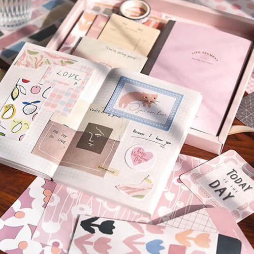 Vibevista Vintage Aesthetic Scrapbook Kit, 346 Pcs, A6 Grid Notebook, Washi , Envelopes, Scrapbook Papers, Folding Labels, Background Papers, Photo Frames, Calendar Stickers, Stickers (Warm Greetings, Pink)