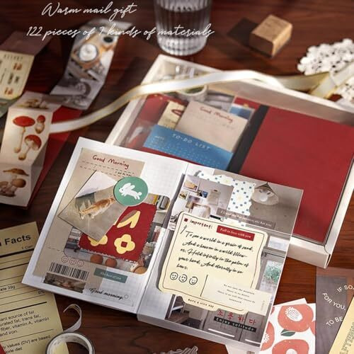Vibevista Vintage Aesthetic Scrapbook Kit, 346 Pcs, A6 Grid Notebook, Washi , Envelopes, Scrapbook Papers, Folding Labels, Background Papers, Photo Frames, Calendar Stickers, Stickers (Autumn Photo Studio, Red)