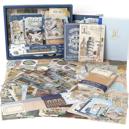Vibe Vista Vintage Aesthetic Scrapbook Kit, 346 Pcs, A6 Grid Notebook, Washi, Envelopes, Scrapbook Papers, Folding Labels, Background Papers, Photo Frames, Calendar Stickers, Stickers (Global Travel)
