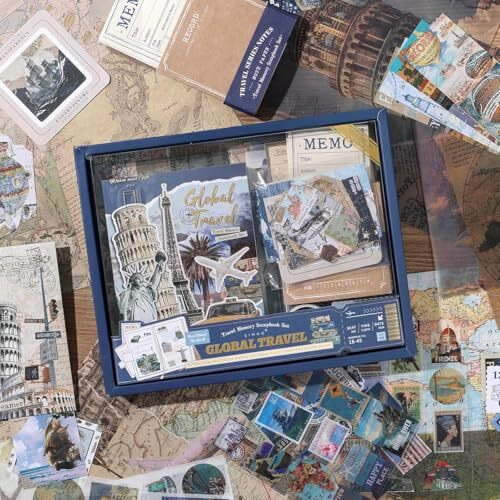 Vibe Vista Vintage Aesthetic Scrapbook Kit, 346 Pcs, A6 Grid Notebook, Washi, Envelopes, Scrapbook Papers, Folding Labels, Background Papers, Photo Frames, Calendar Stickers, Stickers (Global Travel)